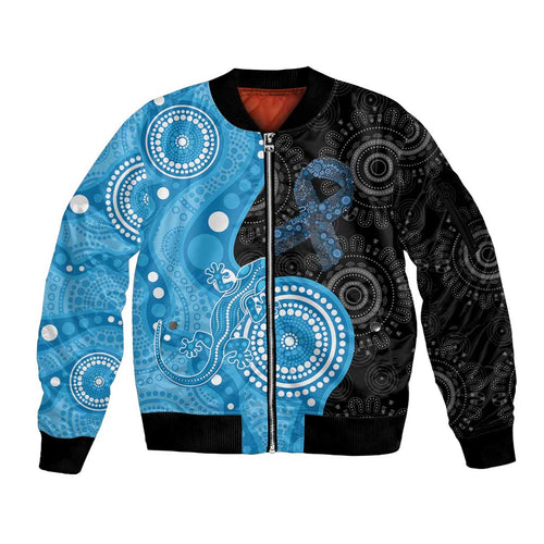 Australia Autism Awareness Month Sleeve Zip Bomber Jacket Indigenous Lizard With Blue Ribbon - Aussie Hoodie