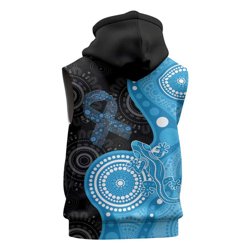 Australia Autism Awareness Month Sleeveless Hoodie Indigenous Lizard With Blue Ribbon - Aussie Hoodie