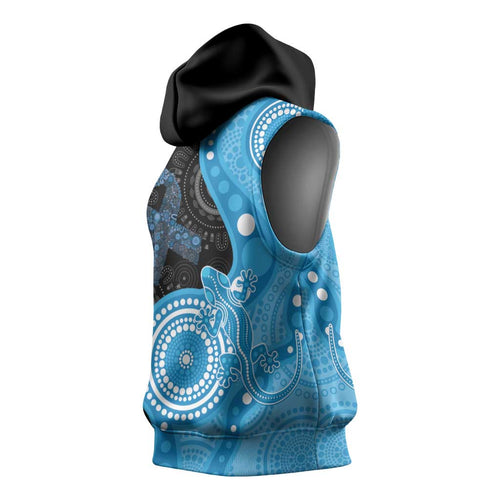 Australia Autism Awareness Month Sleeveless Hoodie Indigenous Lizard With Blue Ribbon - Aussie Hoodie