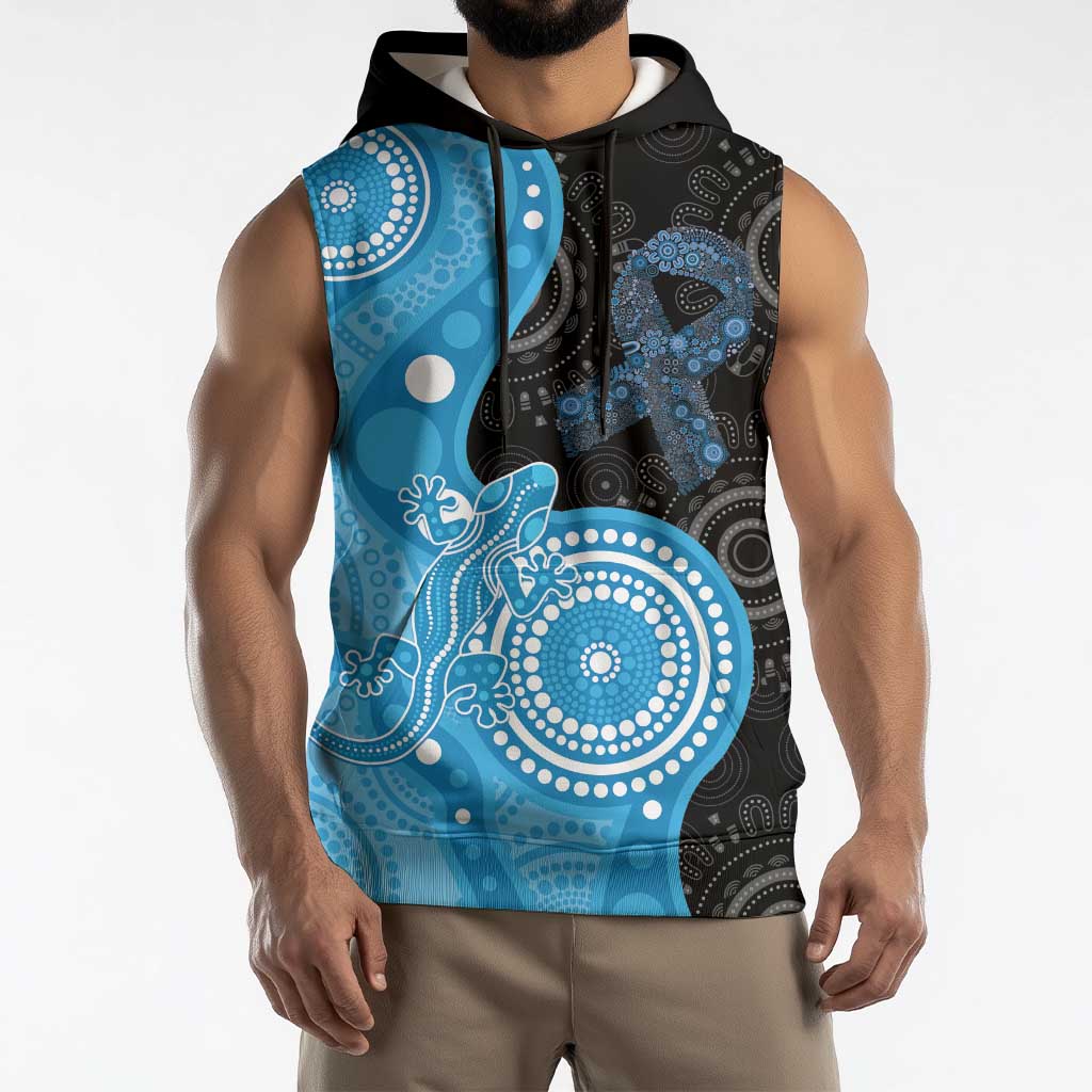 Australia Autism Awareness Month Sleeveless Hoodie Indigenous Lizard With Blue Ribbon - Aussie Hoodie