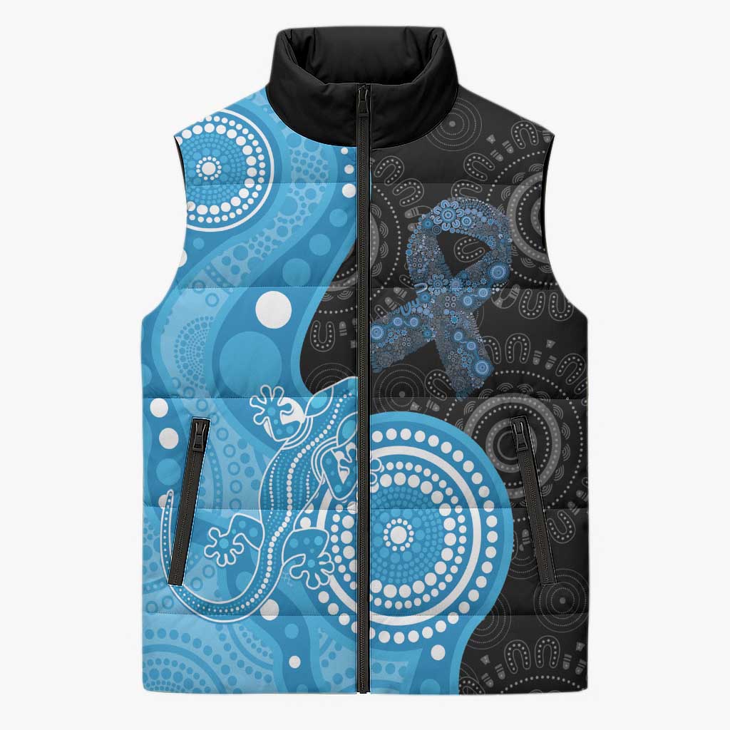 Australia Autism Awareness Month Sleeveless Puffer Jacket Indigenous Lizard With Blue Ribbon - Aussie Hoodie