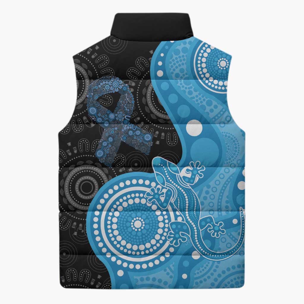 Australia Autism Awareness Month Sleeveless Puffer Jacket Indigenous Lizard With Blue Ribbon - Aussie Hoodie