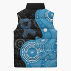 Australia Autism Awareness Month Sleeveless Puffer Jacket Indigenous Lizard With Blue Ribbon - Aussie Hoodie