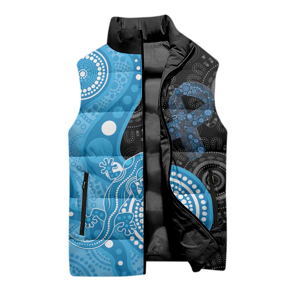 Australia Autism Awareness Month Sleeveless Puffer Jacket Indigenous Lizard With Blue Ribbon - Aussie Hoodie