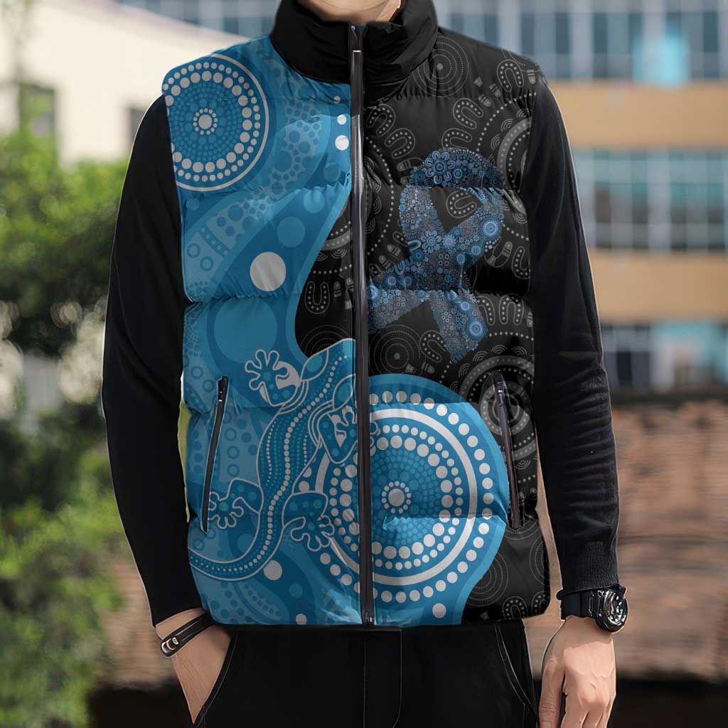 Australia Autism Awareness Month Sleeveless Puffer Jacket Indigenous Lizard With Blue Ribbon - Aussie Hoodie