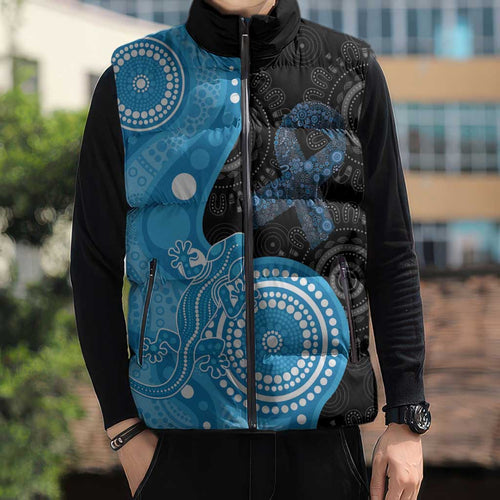 Australia Autism Awareness Month Sleeveless Puffer Jacket Indigenous Lizard With Blue Ribbon - Aussie Hoodie