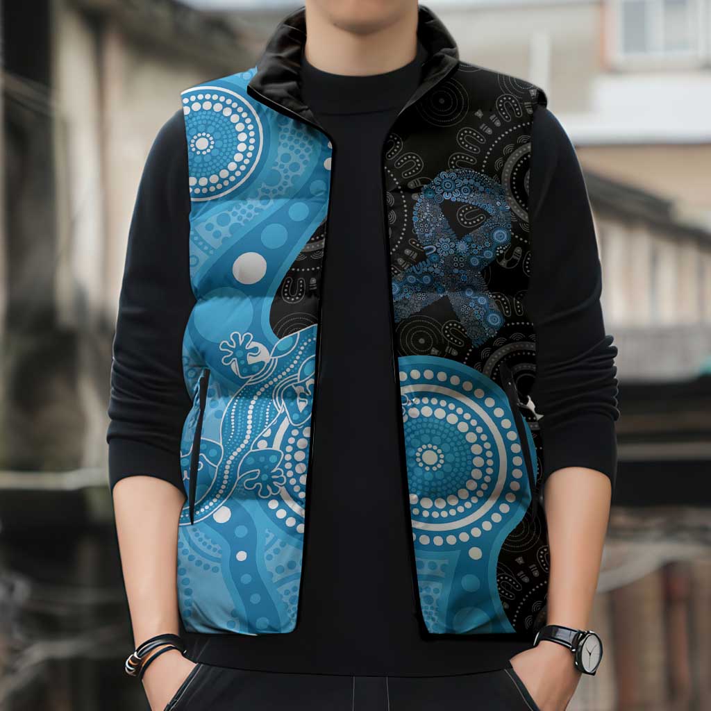 Australia Autism Awareness Month Sleeveless Puffer Jacket Indigenous Lizard With Blue Ribbon - Aussie Hoodie