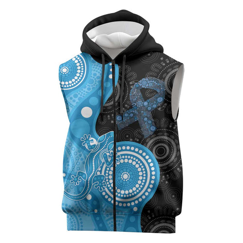 Australia Autism Awareness Month Sleeveless Zip Hoodie Indigenous Lizard With Blue Ribbon - Aussie Hoodie
