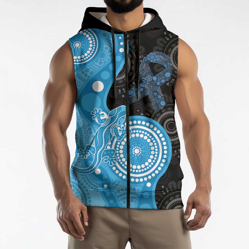 Australia Autism Awareness Month Sleeveless Zip Hoodie Indigenous Lizard With Blue Ribbon - Aussie Hoodie