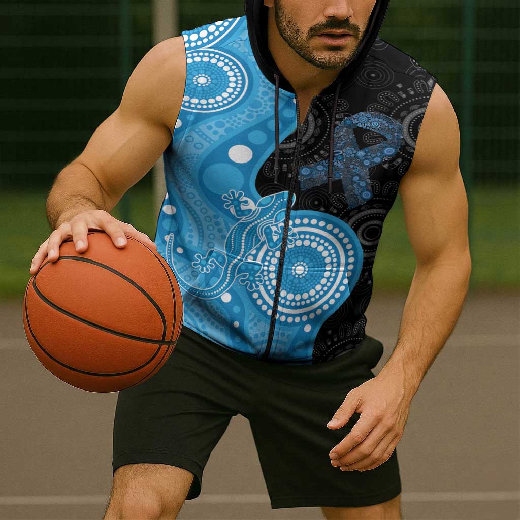 Australia Autism Awareness Month Sleeveless Zip Hoodie Indigenous Lizard With Blue Ribbon - Aussie Hoodie