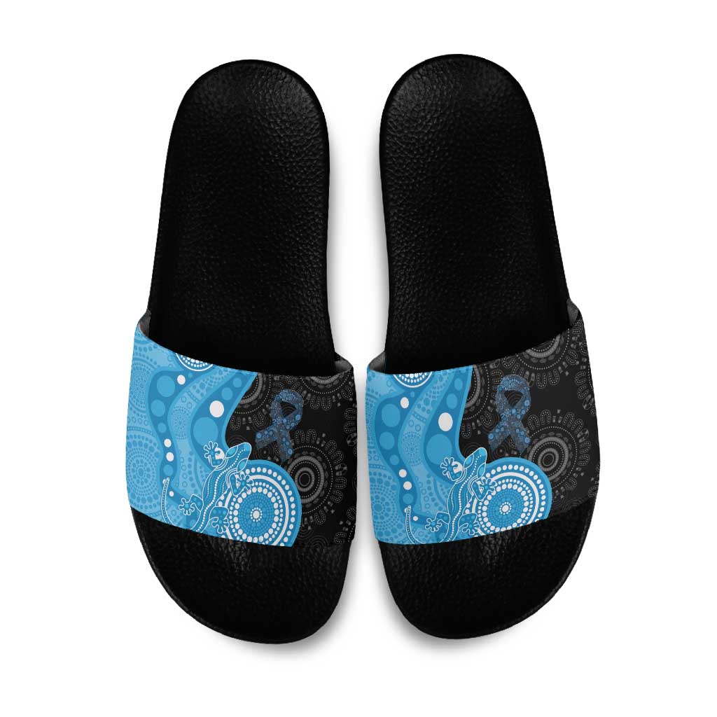 Australia Autism Awareness Month Slide Sandals Indigenous Lizard With Blue Ribbon - Aussie Hoodie