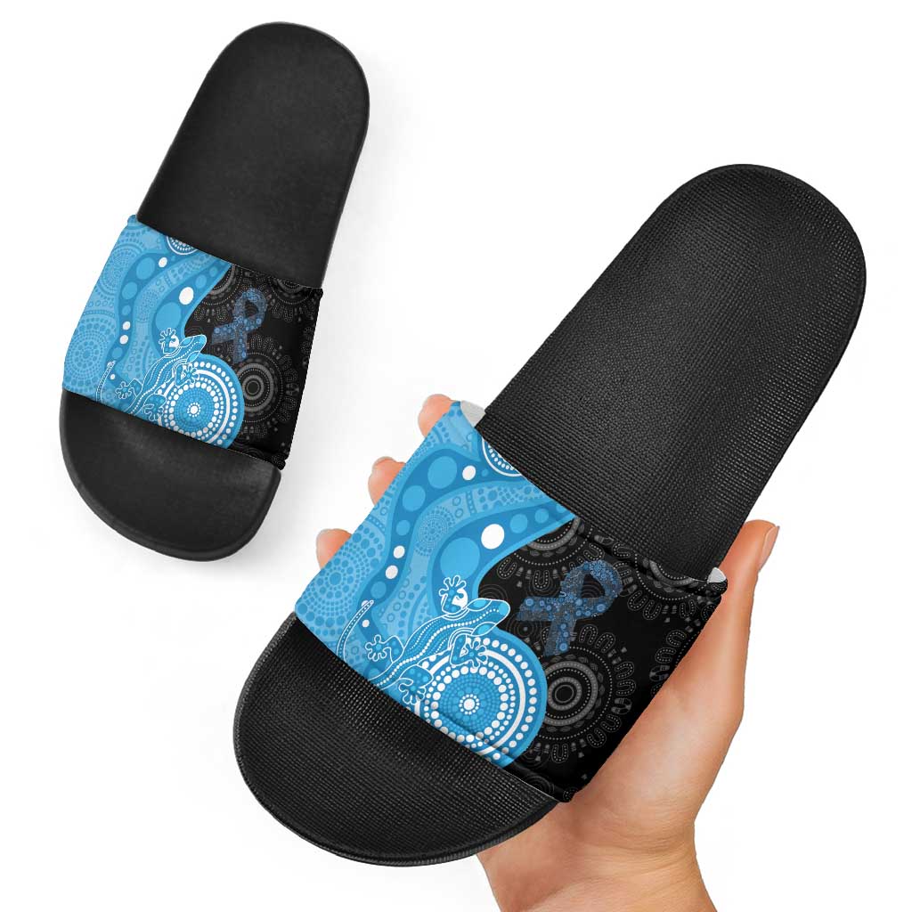 Australia Autism Awareness Month Slide Sandals Indigenous Lizard With Blue Ribbon - Aussie Hoodie