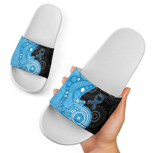 Australia Autism Awareness Month Slide Sandals Indigenous Lizard With Blue Ribbon - Aussie Hoodie