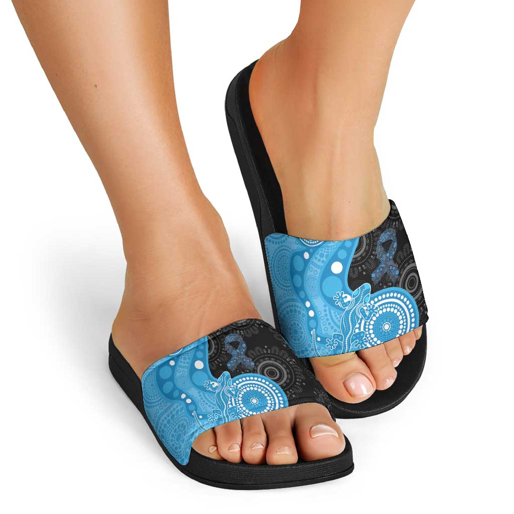 Australia Autism Awareness Month Slide Sandals Indigenous Lizard With Blue Ribbon - Aussie Hoodie