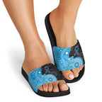 Australia Autism Awareness Month Slide Sandals Indigenous Lizard With Blue Ribbon - Aussie Hoodie