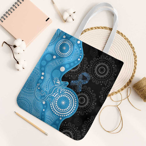 Australia Autism Awareness Month Tote Bag Indigenous Lizard With Blue Ribbon - Aussie Hoodie