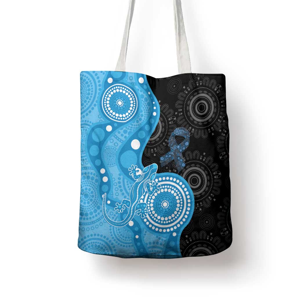 Australia Autism Awareness Month Tote Bag Indigenous Lizard With Blue Ribbon - Aussie Hoodie