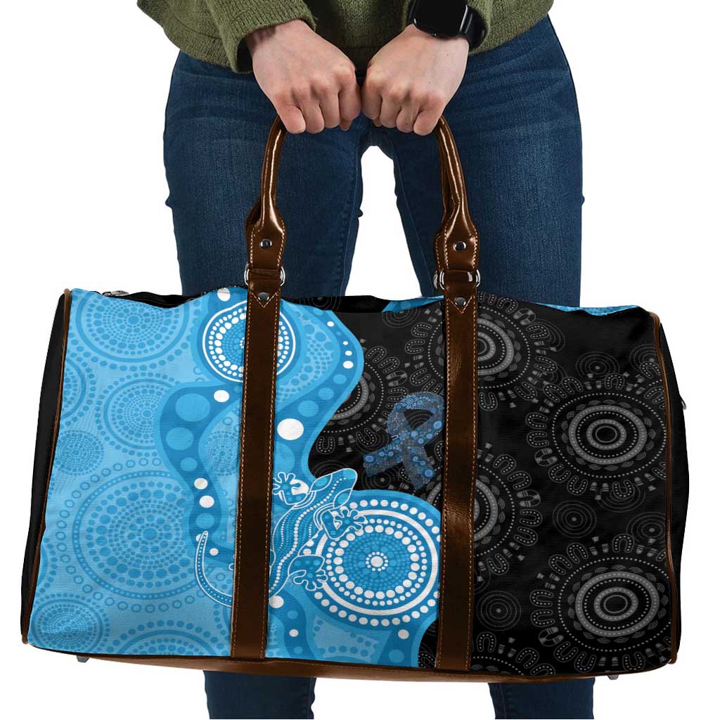 Australia Autism Awareness Month Travel Bag Indigenous Lizard With Blue Ribbon - Aussie Hoodie