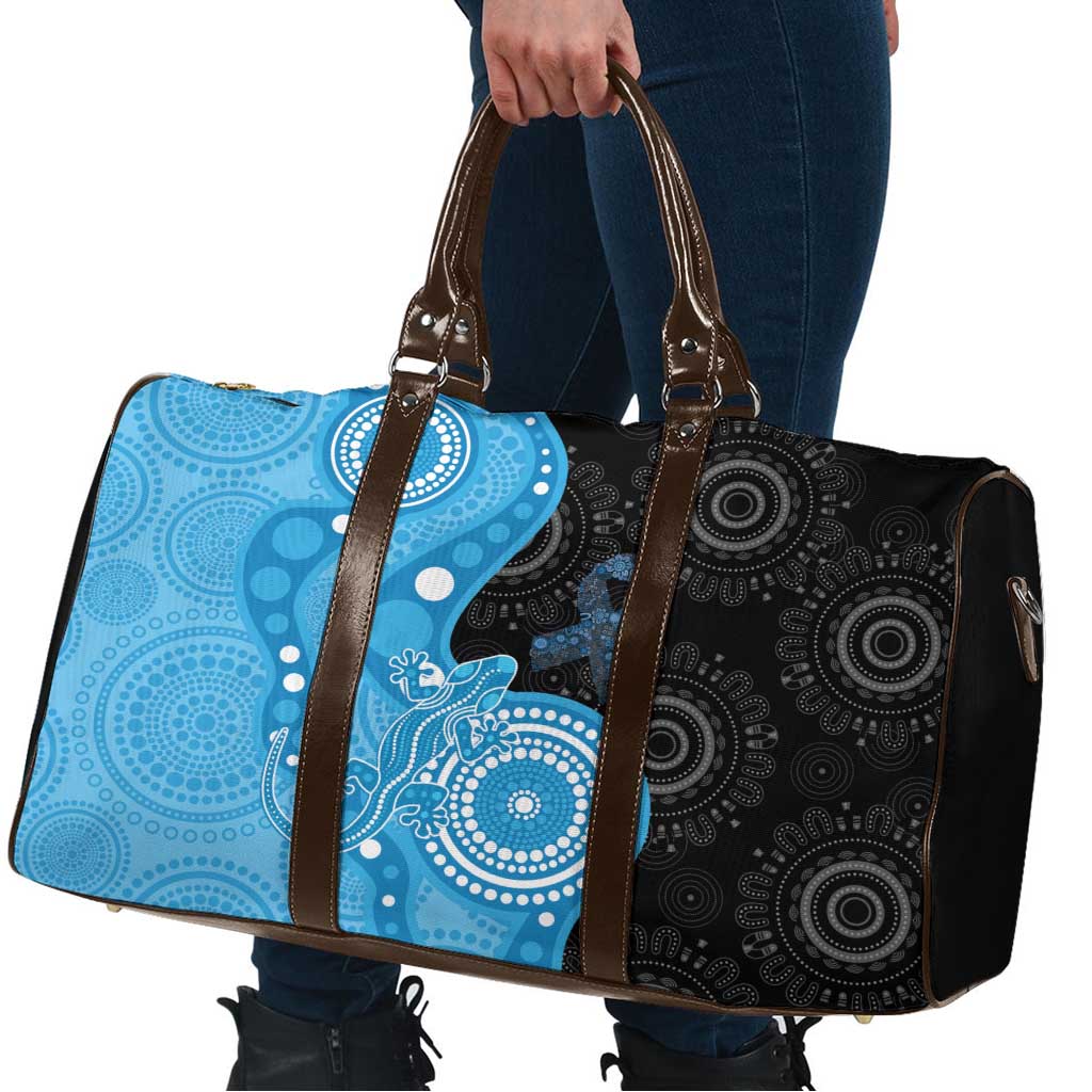 Australia Autism Awareness Month Travel Bag Indigenous Lizard With Blue Ribbon - Aussie Hoodie