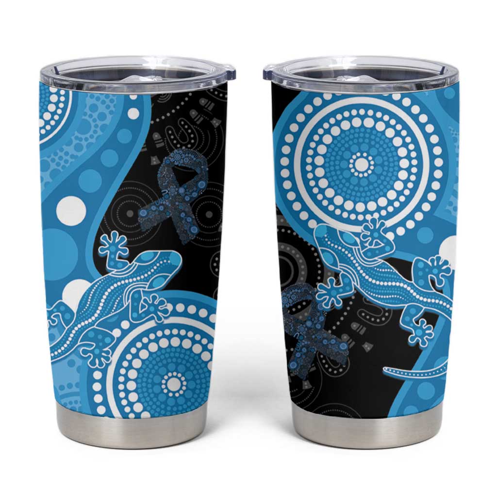 Australia Autism Awareness Month Tumbler Cup Indigenous Lizard With Blue Ribbon - Aussie Hoodie