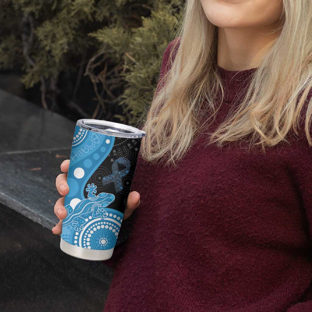 Australia Autism Awareness Month Tumbler Cup Indigenous Lizard With Blue Ribbon - Aussie Hoodie