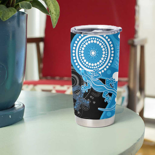 Australia Autism Awareness Month Tumbler Cup Indigenous Lizard With Blue Ribbon - Aussie Hoodie