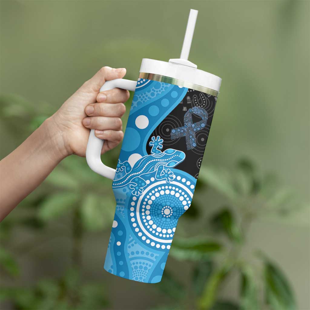 Australia Autism Awareness Month Tumbler With Handle Indigenous Lizard With Blue Ribbon - Aussie Hoodie