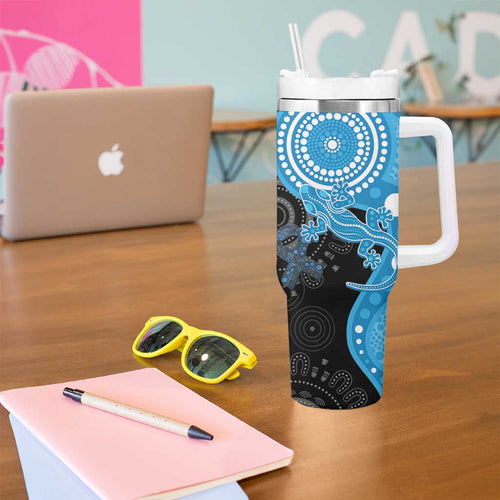Australia Autism Awareness Month Tumbler With Handle Indigenous Lizard With Blue Ribbon - Aussie Hoodie