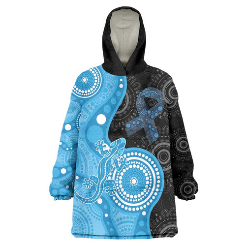 Australia Autism Awareness Month Wearable Blanket Hoodie Indigenous Lizard With Blue Ribbon - Aussie Hoodie