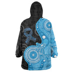 Australia Autism Awareness Month Wearable Blanket Hoodie Indigenous Lizard With Blue Ribbon - Aussie Hoodie