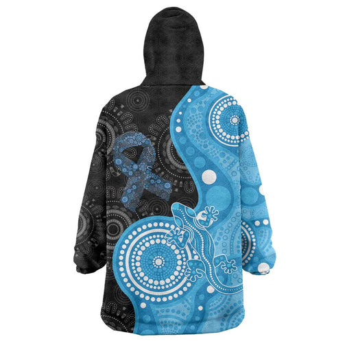 Australia Autism Awareness Month Wearable Blanket Hoodie Indigenous Lizard With Blue Ribbon - Aussie Hoodie