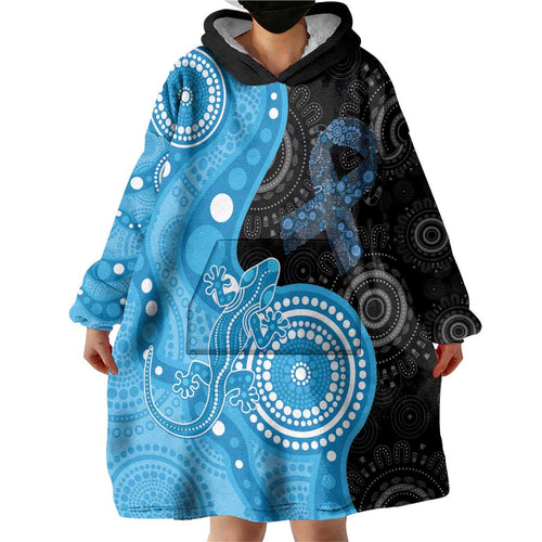 Australia Autism Awareness Month Wearable Blanket Hoodie Indigenous Lizard With Blue Ribbon - Aussie Hoodie