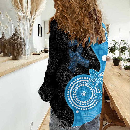 Australia Autism Awareness Month Women Casual Shirt Indigenous Lizard With Blue Ribbon - Aussie Hoodie