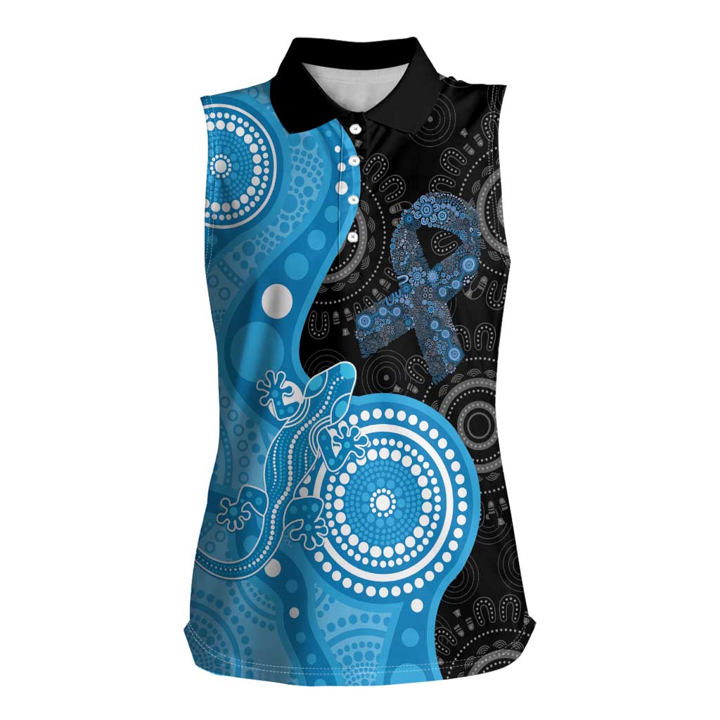 Australia Autism Awareness Month Women Sleeveless Polo Shirt Indigenous Lizard With Blue Ribbon - Aussie Hoodie