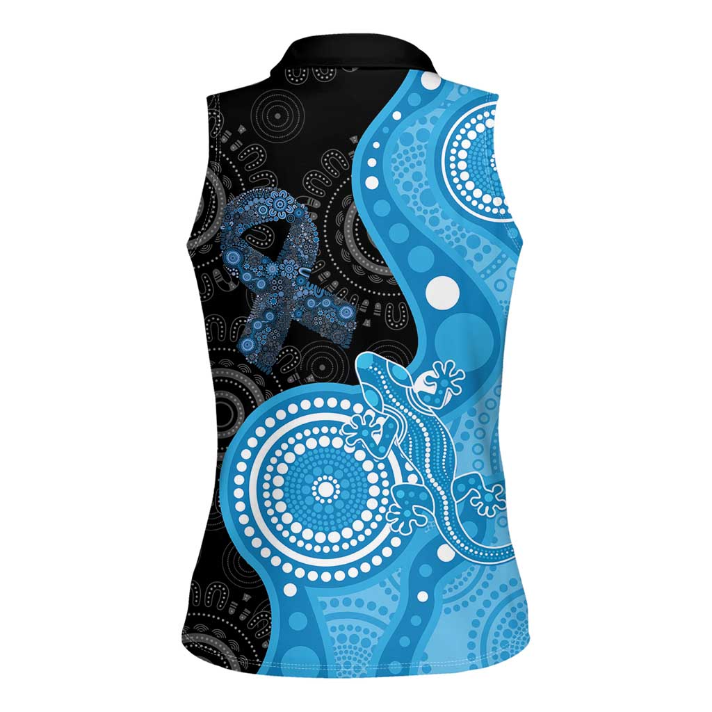 Australia Autism Awareness Month Women Sleeveless Polo Shirt Indigenous Lizard With Blue Ribbon - Aussie Hoodie