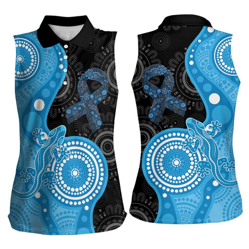 Australia Autism Awareness Month Women Sleeveless Polo Shirt Indigenous Lizard With Blue Ribbon - Aussie Hoodie