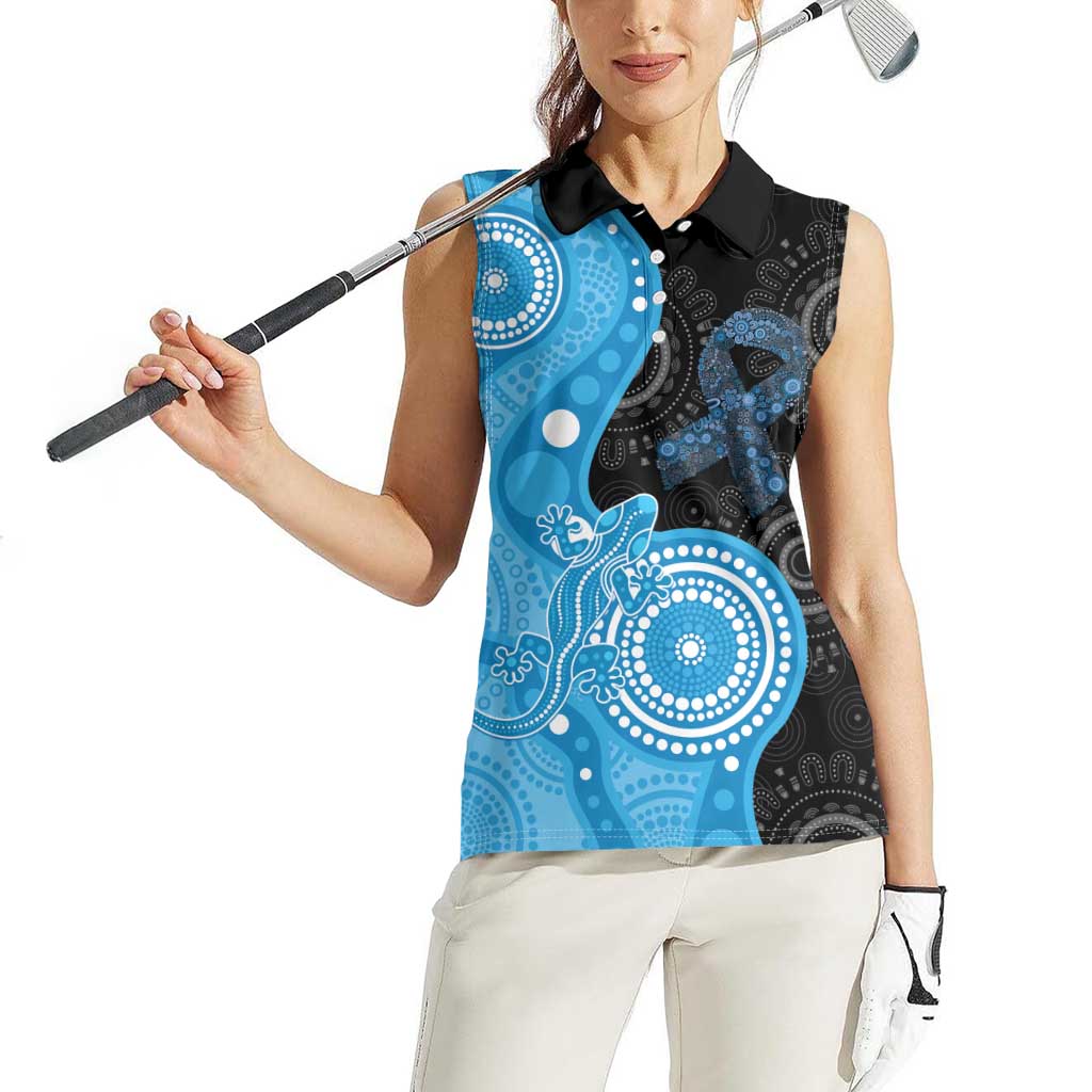 Australia Autism Awareness Month Women Sleeveless Polo Shirt Indigenous Lizard With Blue Ribbon - Aussie Hoodie