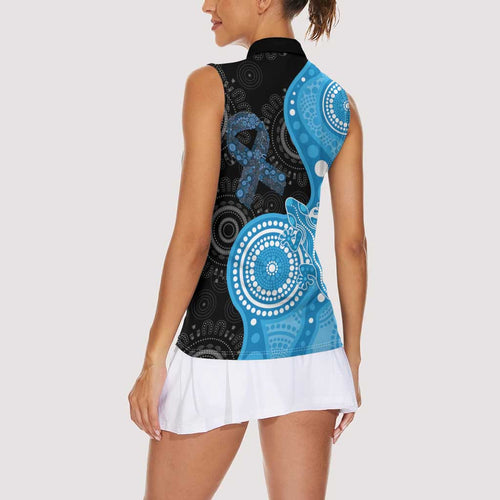 Australia Autism Awareness Month Women Sleeveless Polo Shirt Indigenous Lizard With Blue Ribbon - Aussie Hoodie