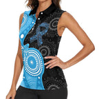 Australia Autism Awareness Month Women Sleeveless Polo Shirt Indigenous Lizard With Blue Ribbon - Aussie Hoodie