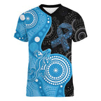 Australia Autism Awareness Month Women V-Neck T-Shirt Indigenous Lizard With Blue Ribbon - Aussie Hoodie