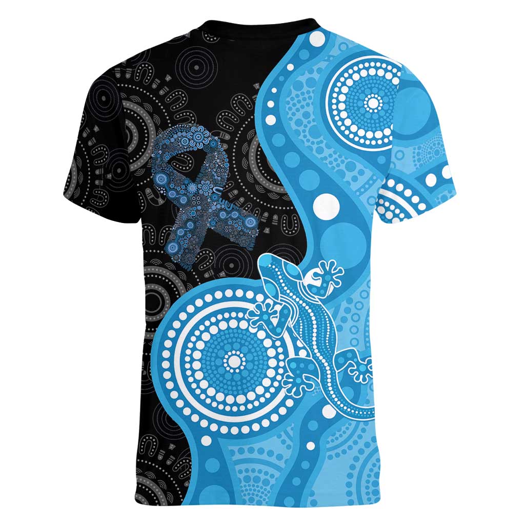 Australia Autism Awareness Month Women V-Neck T-Shirt Indigenous Lizard With Blue Ribbon - Aussie Hoodie