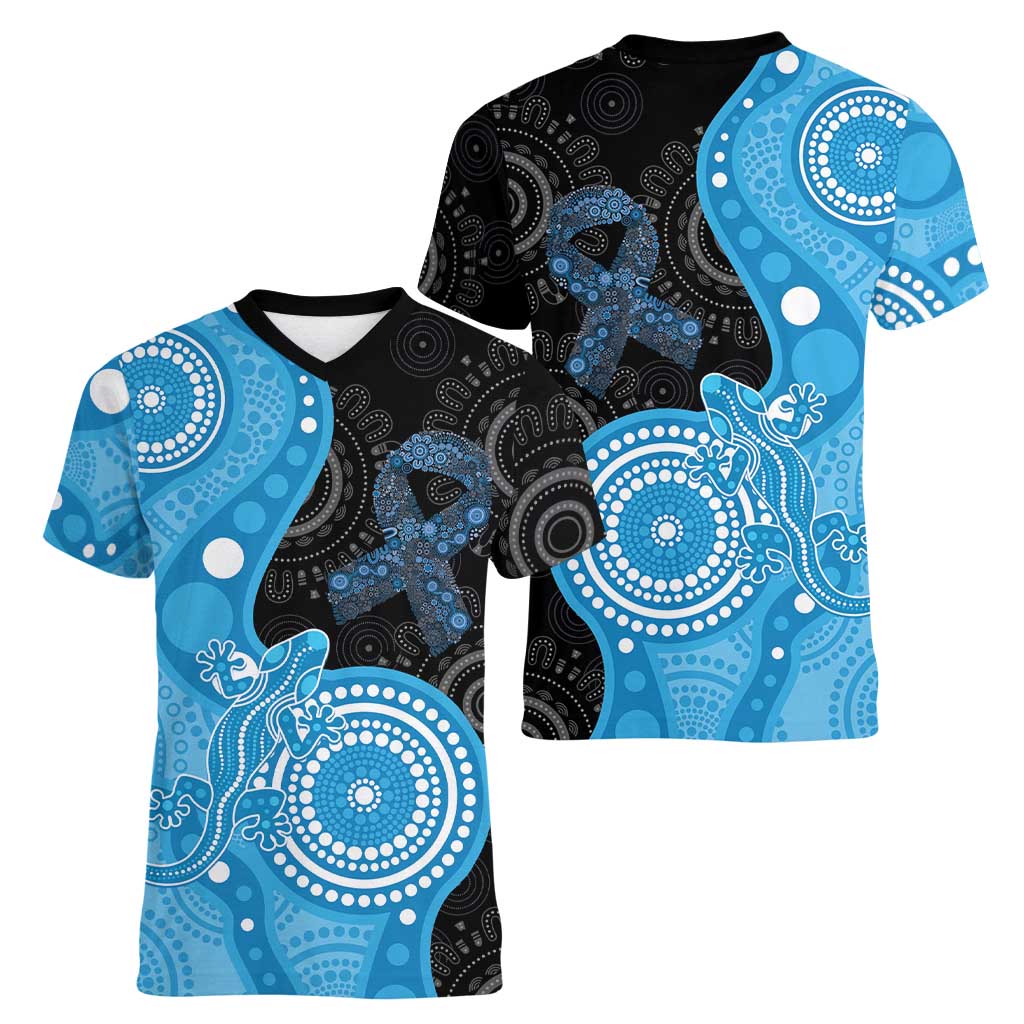 Australia Autism Awareness Month Women V-Neck T-Shirt Indigenous Lizard With Blue Ribbon - Aussie Hoodie