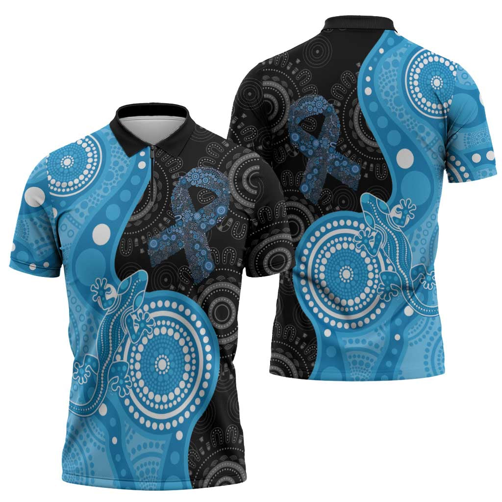 Australia Autism Awareness Month Zipper Polo Shirt Indigenous Lizard With Blue Ribbon - Aussie Hoodie
