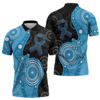 Australia Autism Awareness Month Zipper Polo Shirt Indigenous Lizard With Blue Ribbon - Aussie Hoodie