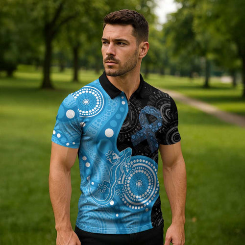 Australia Autism Awareness Month Zipper Polo Shirt Indigenous Lizard With Blue Ribbon - Aussie Hoodie