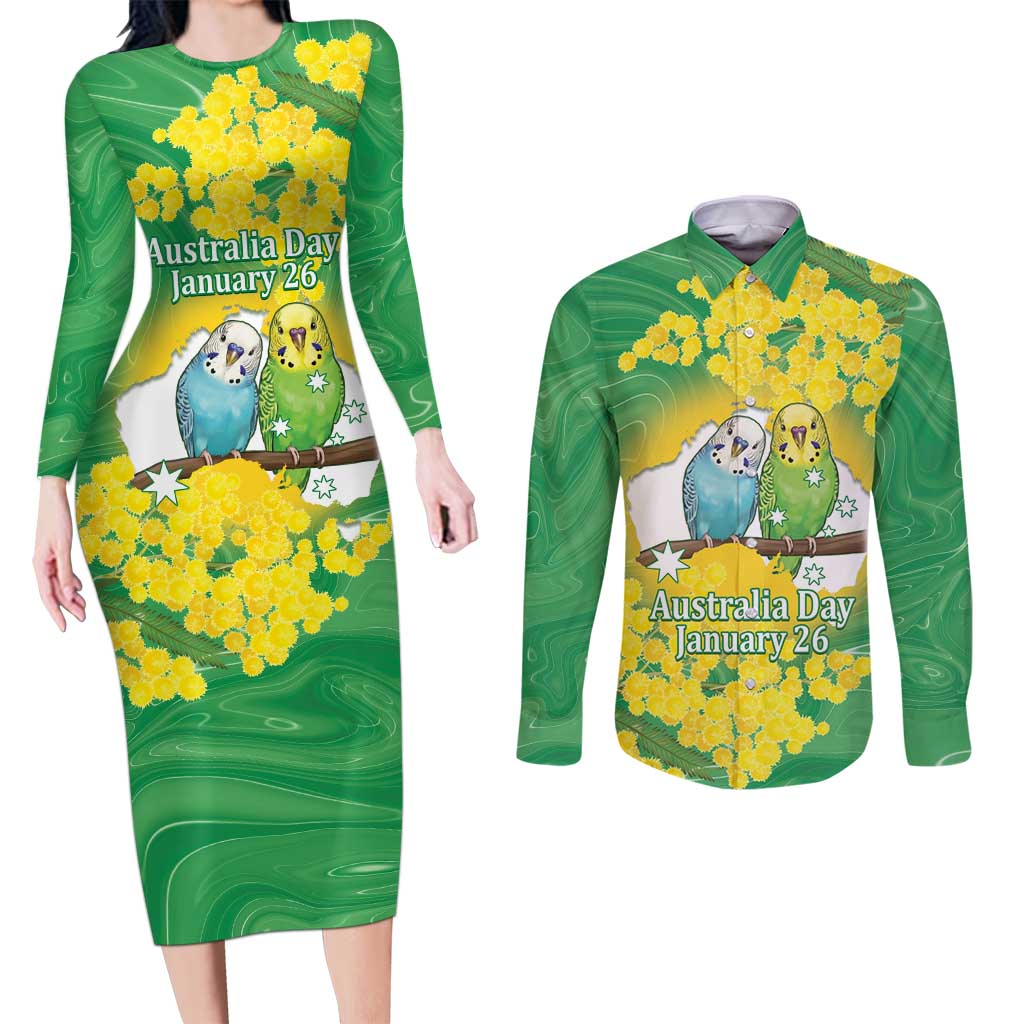 Budgerigar Australia Day Couples Matching Long Sleeve Bodycon Dress and Long Sleeve Button Shirt Proud To Be An Aussie Opal National Color - Aussie Hoodie
