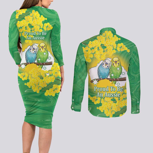Budgerigar Australia Day Couples Matching Long Sleeve Bodycon Dress and Long Sleeve Button Shirt Proud To Be An Aussie Opal National Color - Aussie Hoodie