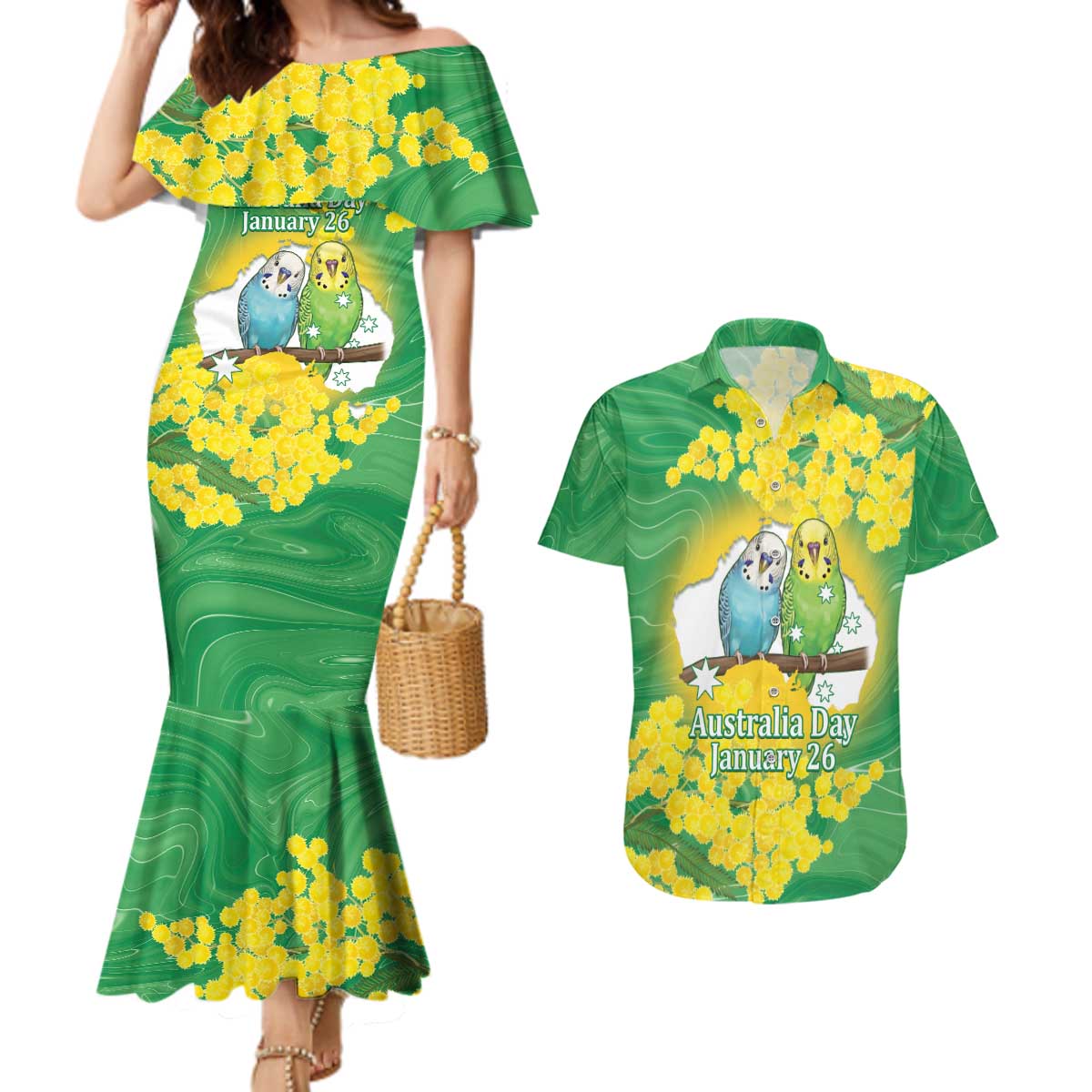 Budgerigar Australia Day Couples Matching Mermaid Dress and Hawaiian Shirt Proud To Be An Aussie Opal National Color - Aussie Hoodie