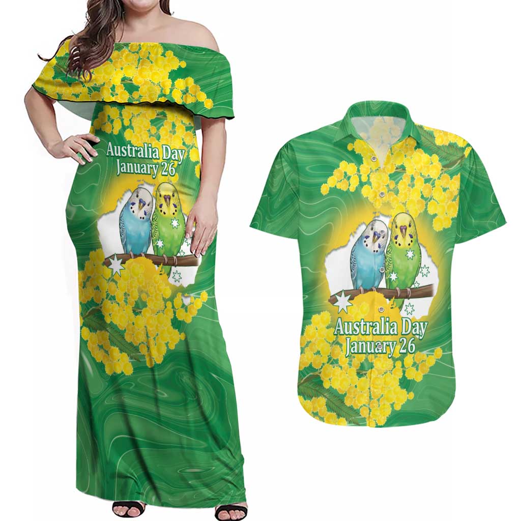 Budgerigar Australia Day Couples Matching Off Shoulder Maxi Dress and Hawaiian Shirt Proud To Be An Aussie Opal National Color - Aussie Hoodie