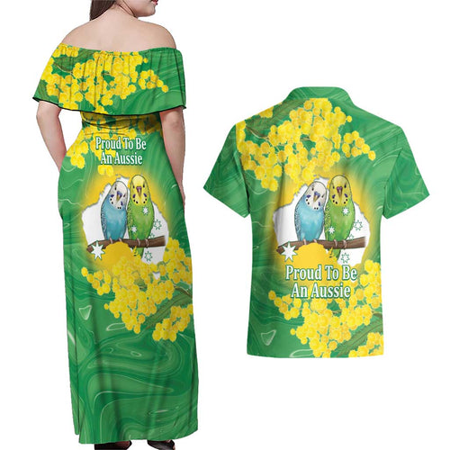 Budgerigar Australia Day Couples Matching Off Shoulder Maxi Dress and Hawaiian Shirt Proud To Be An Aussie Opal National Color - Aussie Hoodie